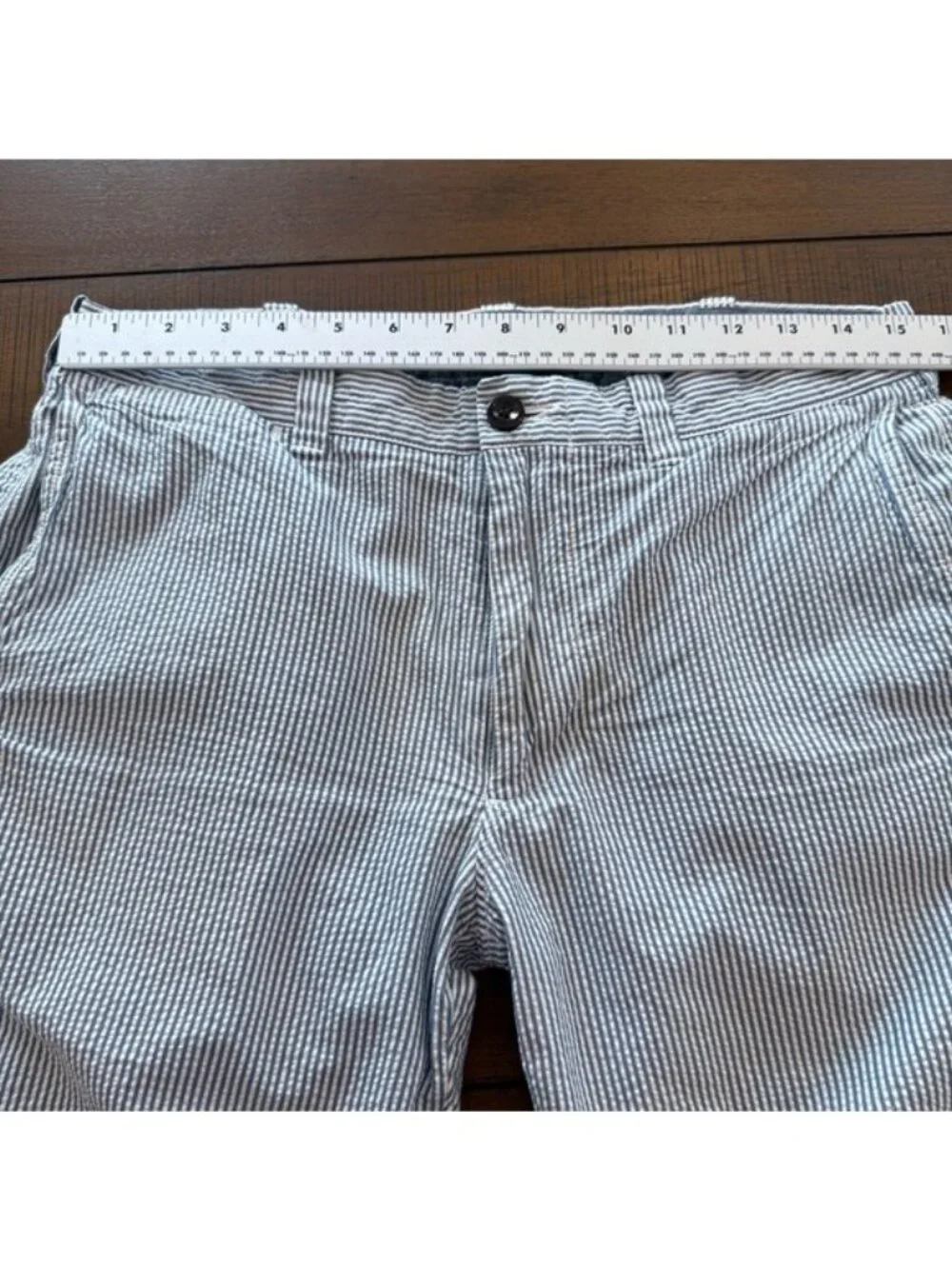 J.Crew Mens 9” Seersucker Shorts Blue White Stripe Size 31 Stretch Cotton Preppy